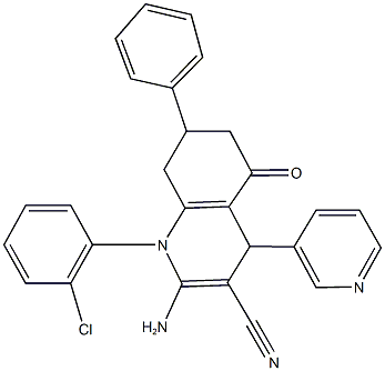 2-amino-1-(2-chlorophenyl)-5-oxo-7-phenyl-4-(3-pyridinyl)-1,4,5,6,7,8-hexahydro-3-quinolinecarbonitrile Struktur