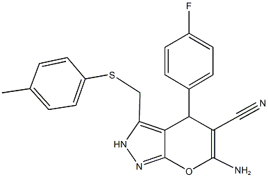 6-amino-4-(4-fluorophenyl)-3-{[(4-methylphenyl)sulfanyl]methyl}-2,4-dihydropyrano[2,3-c]pyrazole-5-carbonitrile Struktur