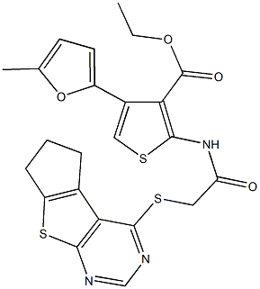 ethyl 2-{[(6,7-dihydro-5H-cyclopenta[4,5]thieno[2,3-d]pyrimidin-4-ylsulfanyl)acetyl]amino}-4-(5-methyl-2-furyl)-3-thiophenecarboxylate Struktur