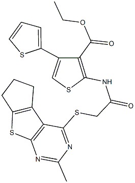 ethyl 2-({[(2-methyl-6,7-dihydro-5H-cyclopenta[4,5]thieno[2,3-d]pyrimidin-4-yl)sulfanyl]acetyl}amino)-2',4-bithiophene-3-carboxylate Struktur