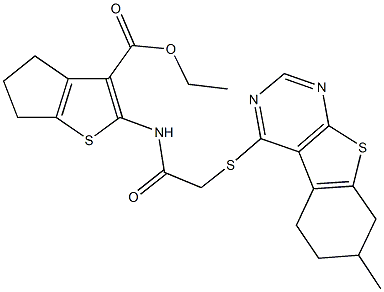 ethyl 2-({[(7-methyl-5,6,7,8-tetrahydro[1]benzothieno[2,3-d]pyrimidin-4-yl)sulfanyl]acetyl}amino)-5,6-dihydro-4H-cyclopenta[b]thiophene-3-carboxylate Struktur