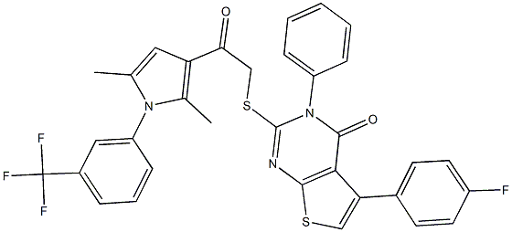 2-[(2-{2,5-dimethyl-1-[3-(trifluoromethyl)phenyl]-1H-pyrrol-3-yl}-2-oxoethyl)sulfanyl]-5-(4-fluorophenyl)-3-phenylthieno[2,3-d]pyrimidin-4(3H)-one Struktur