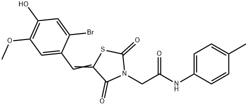 2-[5-(2-bromo-4-hydroxy-5-methoxybenzylidene)-2,4-dioxo-1,3-thiazolidin-3-yl]-N-(4-methylphenyl)acetamide Struktur