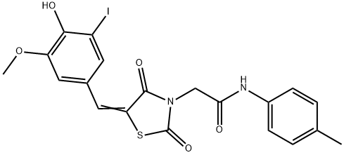 2-[5-(4-hydroxy-3-iodo-5-methoxybenzylidene)-2,4-dioxo-1,3-thiazolidin-3-yl]-N-(4-methylphenyl)acetamide Struktur