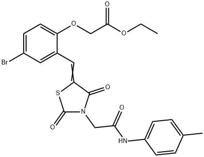 ethyl [4-bromo-2-({2,4-dioxo-3-[2-oxo-2-(4-toluidino)ethyl]-1,3-thiazolidin-5-ylidene}methyl)phenoxy]acetate Struktur