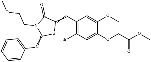 methyl (5-bromo-2-methoxy-4-{[3-(2-methoxyethyl)-4-oxo-2-(phenylimino)-1,3-thiazolidin-5-ylidene]methyl}phenoxy)acetate Struktur