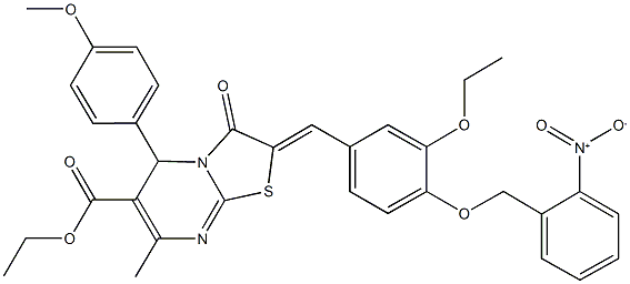 ethyl 2-[3-ethoxy-4-({2-nitrobenzyl}oxy)benzylidene]-5-(4-methoxyphenyl)-7-methyl-3-oxo-2,3-dihydro-5H-[1,3]thiazolo[3,2-a]pyrimidine-6-carboxylate Struktur