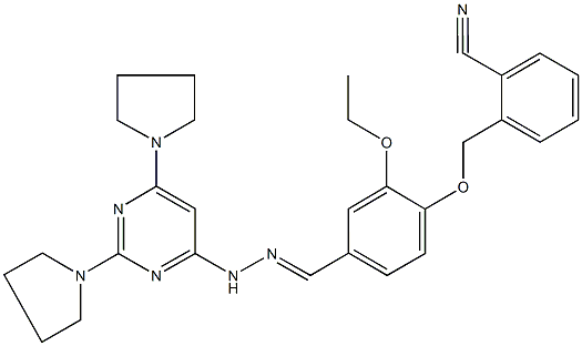 2-[(4-{2-[2,6-di(1-pyrrolidinyl)-4-pyrimidinyl]carbohydrazonoyl}-2-ethoxyphenoxy)methyl]benzonitrile Struktur