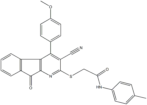 2-{[3-cyano-4-(4-methoxyphenyl)-9-oxo-9H-indeno[2,1-b]pyridin-2-yl]sulfanyl}-N-(4-methylphenyl)acetamide Struktur