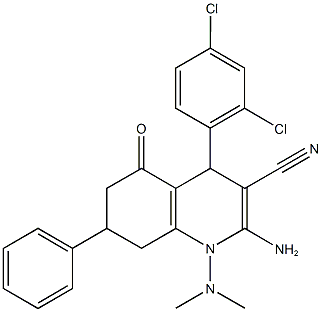 2-amino-4-(2,4-dichlorophenyl)-1-(dimethylamino)-5-oxo-7-phenyl-1,4,5,6,7,8-hexahydro-3-quinolinecarbonitrile Struktur