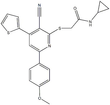 2-{[3-cyano-6-(4-methoxyphenyl)-4-thien-2-ylpyridin-2-yl]sulfanyl}-N-cyclopropylacetamide Struktur