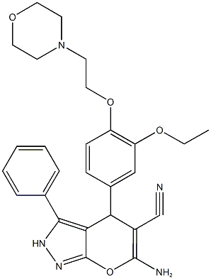 6-amino-4-[3-ethoxy-4-(2-morpholin-4-ylethoxy)phenyl]-3-phenyl-2,4-dihydropyrano[2,3-c]pyrazole-5-carbonitrile Struktur