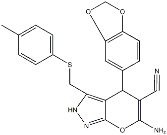 6-amino-4-(1,3-benzodioxol-5-yl)-3-{[(4-methylphenyl)sulfanyl]methyl}-2,4-dihydropyrano[2,3-c]pyrazole-5-carbonitrile Struktur