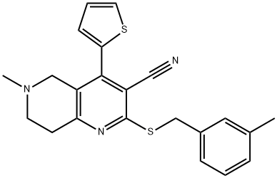 6-methyl-2-[(3-methylbenzyl)sulfanyl]-4-(2-thienyl)-5,6,7,8-tetrahydro[1,6]naphthyridine-3-carbonitrile Struktur