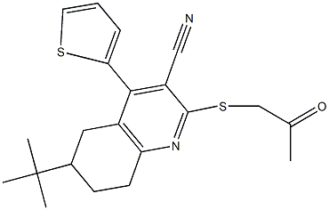 6-(tert-butyl)-2-[(2-oxopropyl)sulfanyl]-4-(2-thienyl)-5,6,7,8-tetrahydro-3-quinolinecarbonitrile Struktur