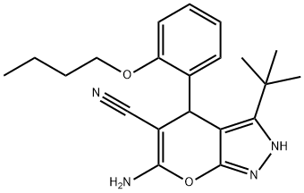 6-amino-4-[2-(butyloxy)phenyl]-3-(1,1-dimethylethyl)-2,4-dihydropyrano[2,3-c]pyrazole-5-carbonitrile Struktur