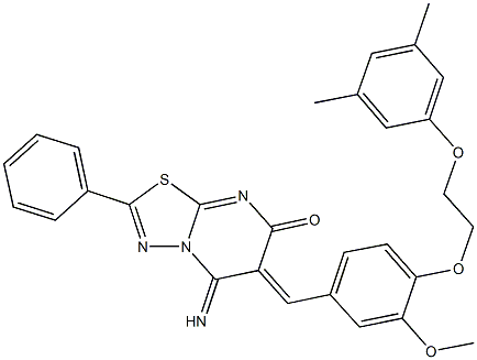 6-{4-[2-(3,5-dimethylphenoxy)ethoxy]-3-methoxybenzylidene}-5-imino-2-phenyl-5,6-dihydro-7H-[1,3,4]thiadiazolo[3,2-a]pyrimidin-7-one Struktur