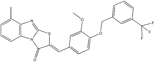 2-(3-methoxy-4-{[3-(trifluoromethyl)benzyl]oxy}benzylidene)-8-methyl[1,3]thiazolo[3,2-a]benzimidazol-3(2H)-one Struktur