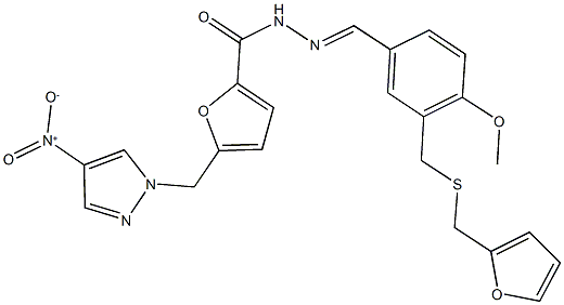 N'-(3-{[(2-furylmethyl)sulfanyl]methyl}-4-methoxybenzylidene)-5-({4-nitro-1H-pyrazol-1-yl}methyl)-2-furohydrazide Struktur