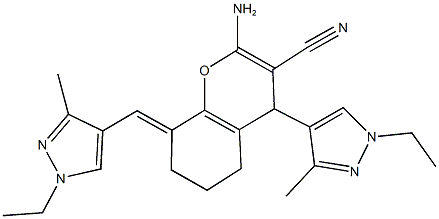 2-amino-4-(1-ethyl-3-methyl-1H-pyrazol-4-yl)-8-[(1-ethyl-3-methyl-1H-pyrazol-4-yl)methylene]-5,6,7,8-tetrahydro-4H-chromene-3-carbonitrile Struktur