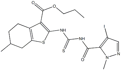 propyl 2-[({[(4-iodo-1-methyl-1H-pyrazol-5-yl)carbonyl]amino}carbothioyl)amino]-6-methyl-4,5,6,7-tetrahydro-1-benzothiophene-3-carboxylate Struktur