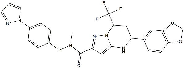 5-(1,3-benzodioxol-5-yl)-N-methyl-N-[4-(1H-pyrazol-1-yl)benzyl]-7-(trifluoromethyl)-4,5,6,7-tetrahydropyrazolo[1,5-a]pyrimidine-2-carboxamide Struktur