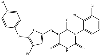 5-({4-bromo-5-[(4-chlorophenyl)sulfanyl]-2-furyl}methylene)-1-(2,3-dichlorophenyl)-2-thioxodihydro-4,6(1H,5H)-pyrimidinedione Struktur