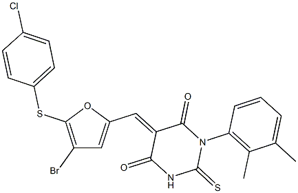 5-({4-bromo-5-[(4-chlorophenyl)sulfanyl]-2-furyl}methylene)-1-(2,3-dimethylphenyl)-2-thioxodihydro-4,6(1H,5H)-pyrimidinedione Struktur