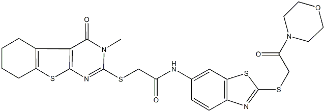 2-[(3-methyl-4-oxo-3,4,5,6,7,8-hexahydro[1]benzothieno[2,3-d]pyrimidin-2-yl)sulfanyl]-N-{2-[(2-morpholin-4-yl-2-oxoethyl)sulfanyl]-1,3-benzothiazol-6-yl}acetamide Struktur