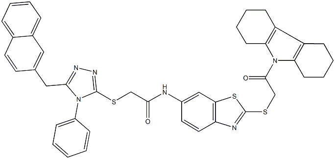 2-{[5-(2-naphthylmethyl)-4-phenyl-4H-1,2,4-triazol-3-yl]sulfanyl}-N-(2-{[2-(1,2,3,4,5,6,7,8-octahydro-9H-carbazol-9-yl)-2-oxoethyl]sulfanyl}-1,3-benzothiazol-6-yl)acetamide Struktur