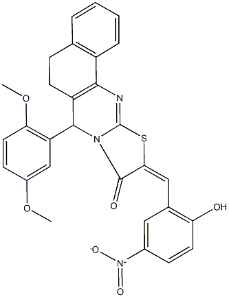 7-(2,5-dimethoxyphenyl)-10-{2-hydroxy-5-nitrobenzylidene}-5,7-dihydro-6H-benzo[h][1,3]thiazolo[2,3-b]quinazolin-9(10H)-one Struktur