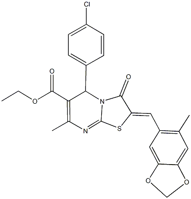 ethyl 5-(4-chlorophenyl)-7-methyl-2-[(6-methyl-1,3-benzodioxol-5-yl)methylene]-3-oxo-2,3-dihydro-5H-[1,3]thiazolo[3,2-a]pyrimidine-6-carboxylate Struktur