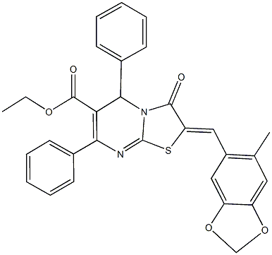 ethyl 2-[(6-methyl-1,3-benzodioxol-5-yl)methylene]-3-oxo-5,7-diphenyl-2,3-dihydro-5H-[1,3]thiazolo[3,2-a]pyrimidine-6-carboxylate Struktur