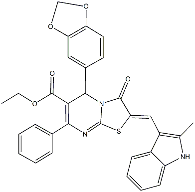 ethyl 5-(1,3-benzodioxol-5-yl)-2-[(2-methyl-1H-indol-3-yl)methylene]-3-oxo-7-phenyl-2,3-dihydro-5H-[1,3]thiazolo[3,2-a]pyrimidine-6-carboxylate Struktur