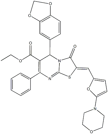 ethyl 5-(1,3-benzodioxol-5-yl)-2-{[5-(4-morpholinyl)-2-furyl]methylene}-3-oxo-7-phenyl-2,3-dihydro-5H-[1,3]thiazolo[3,2-a]pyrimidine-6-carboxylate Struktur