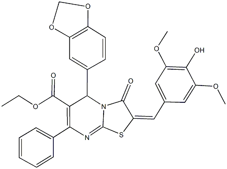 ethyl 5-(1,3-benzodioxol-5-yl)-2-(4-hydroxy-3,5-dimethoxybenzylidene)-3-oxo-7-phenyl-2,3-dihydro-5H-[1,3]thiazolo[3,2-a]pyrimidine-6-carboxylate Struktur