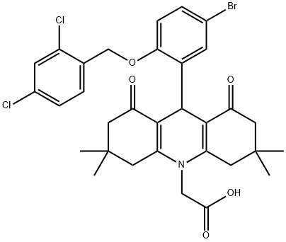 (9-{5-bromo-2-[(2,4-dichlorobenzyl)oxy]phenyl}-3,3,6,6-tetramethyl-1,8-dioxo-2,3,4,5,6,7,8,9-octahydro-10(1H)-acridinyl)acetic acid Struktur