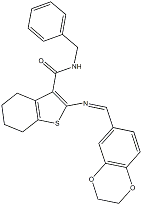 N-benzyl-2-[(2,3-dihydro-1,4-benzodioxin-6-ylmethylene)amino]-4,5,6,7-tetrahydro-1-benzothiophene-3-carboxamide Struktur