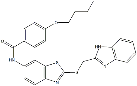 N-{2-[(1H-benzimidazol-2-ylmethyl)sulfanyl]-1,3-benzothiazol-6-yl}-4-butoxybenzamide Struktur