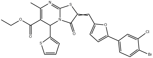 ethyl 2-{[5-(4-bromo-3-chlorophenyl)-2-furyl]methylene}-7-methyl-3-oxo-5-(2-thienyl)-2,3-dihydro-5H-[1,3]thiazolo[3,2-a]pyrimidine-6-carboxylate Struktur