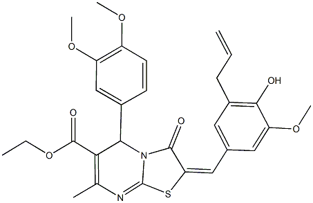 ethyl 2-(3-allyl-4-hydroxy-5-methoxybenzylidene)-5-(3,4-dimethoxyphenyl)-7-methyl-3-oxo-2,3-dihydro-5H-[1,3]thiazolo[3,2-a]pyrimidine-6-carboxylate Struktur