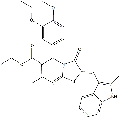 ethyl 5-(3-ethoxy-4-methoxyphenyl)-7-methyl-2-[(2-methyl-1H-indol-3-yl)methylene]-3-oxo-2,3-dihydro-5H-[1,3]thiazolo[3,2-a]pyrimidine-6-carboxylate Struktur