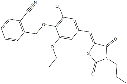 2-({2-chloro-4-[(2,4-dioxo-3-propyl-1,3-thiazolidin-5-ylidene)methyl]-6-ethoxyphenoxy}methyl)benzonitrile Struktur