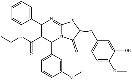 ethyl 2-(3-hydroxy-4-methoxybenzylidene)-5-(3-methoxyphenyl)-3-oxo-7-phenyl-2,3-dihydro-5H-[1,3]thiazolo[3,2-a]pyrimidine-6-carboxylate Struktur