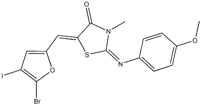 5-[(5-bromo-4-iodo-2-furyl)methylene]-2-[(4-methoxyphenyl)imino]-3-methyl-1,3-thiazolidin-4-one Struktur