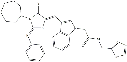 2-(3-{[3-cycloheptyl-4-oxo-2-(phenylimino)-1,3-thiazolidin-5-ylidene]methyl}-1H-indol-1-yl)-N-(2-furylmethyl)acetamide Struktur