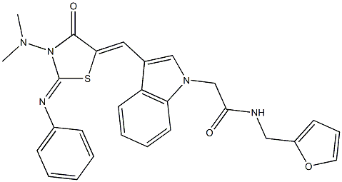 2-(3-{[3-(dimethylamino)-4-oxo-2-(phenylimino)-1,3-thiazolidin-5-ylidene]methyl}-1H-indol-1-yl)-N-(2-furylmethyl)acetamide Struktur