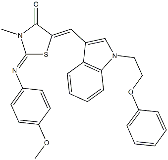 2-[(4-methoxyphenyl)imino]-3-methyl-5-{[1-(2-phenoxyethyl)-1H-indol-3-yl]methylene}-1,3-thiazolidin-4-one Struktur