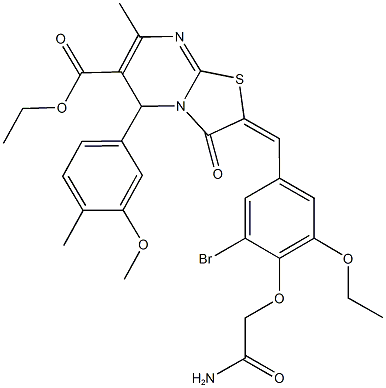 ethyl 2-[4-(2-amino-2-oxoethoxy)-3-bromo-5-ethoxybenzylidene]-5-(3-methoxy-4-methylphenyl)-7-methyl-3-oxo-2,3-dihydro-5H-[1,3]thiazolo[3,2-a]pyrimidine-6-carboxylate Struktur