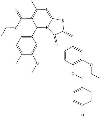 ethyl 2-{4-[(4-chlorobenzyl)oxy]-3-ethoxybenzylidene}-5-(3-methoxy-4-methylphenyl)-7-methyl-3-oxo-2,3-dihydro-5H-[1,3]thiazolo[3,2-a]pyrimidine-6-carboxylate Struktur